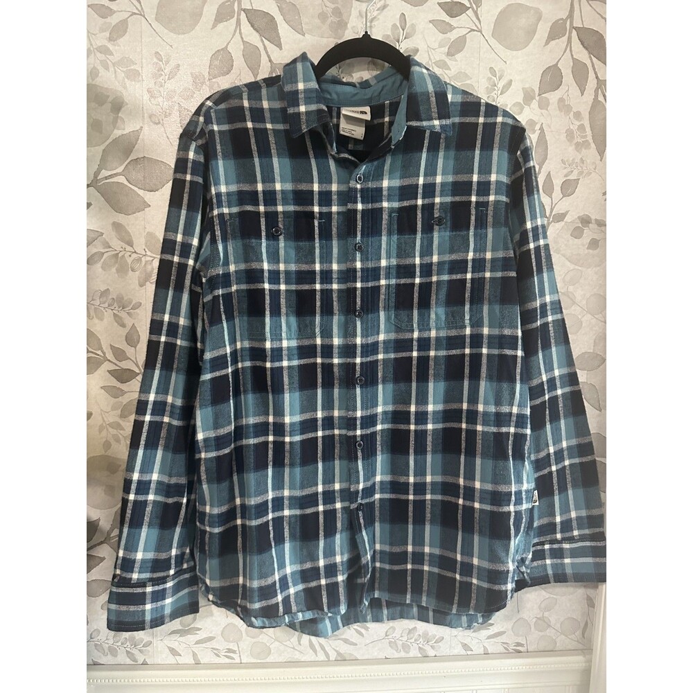 The North Face Arroyo Light Weight Button Flannel Teal Navy Plaid Size Large